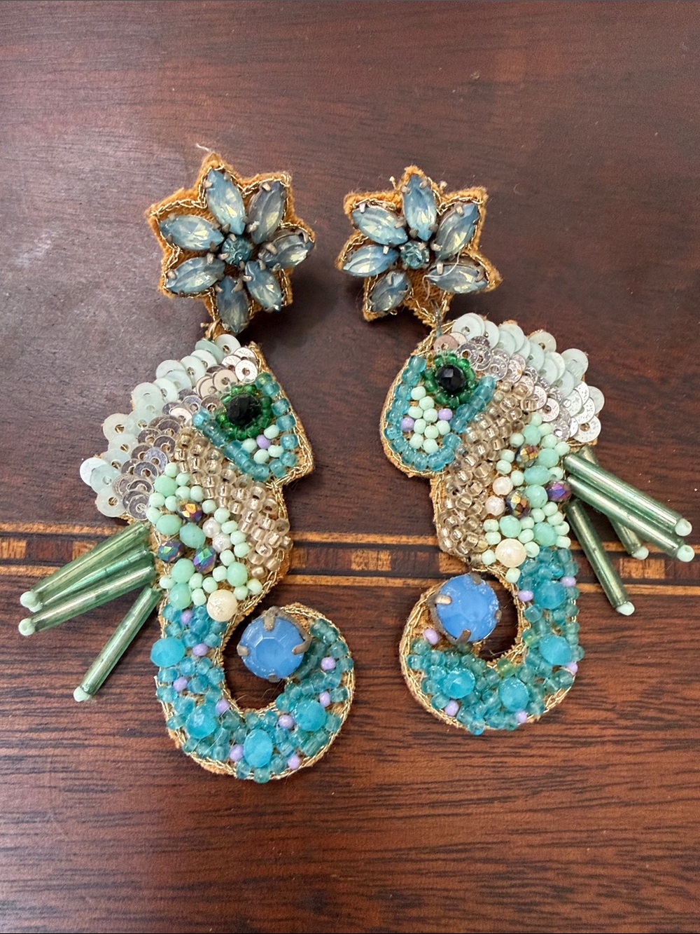 Turquoise Sequin Seahorse Drop Earrings - Sequins and Beads